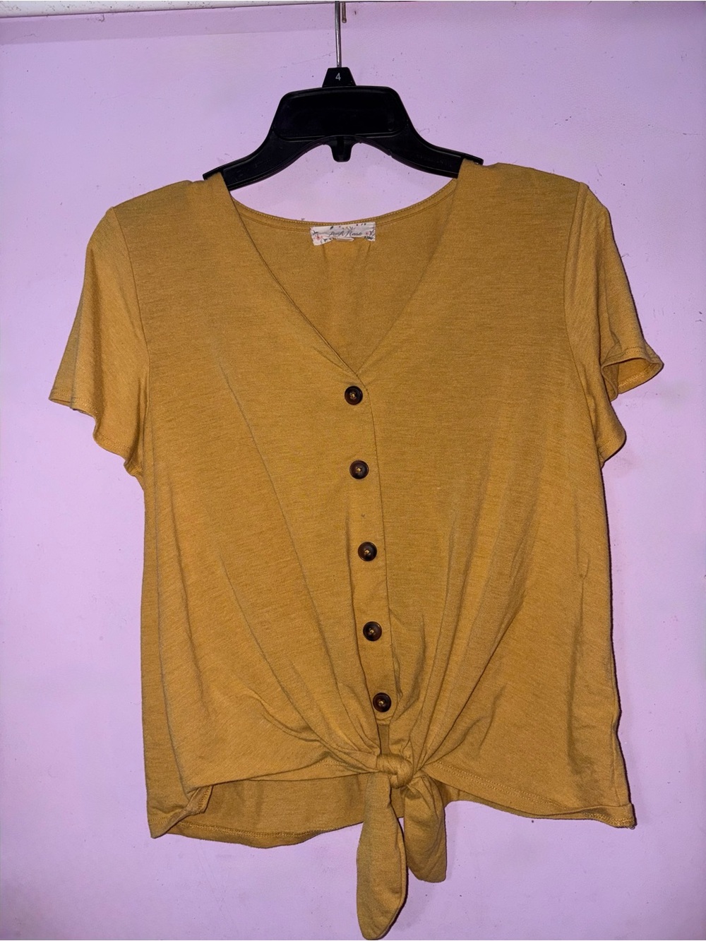 Pink Rose Mustard Button-Front Tie Hem Short Sleeve Top